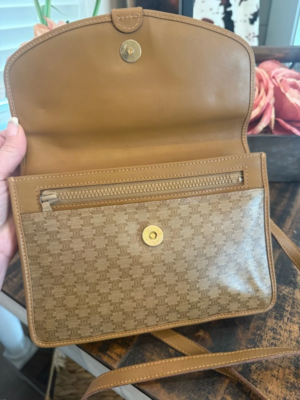 Celine Authentic Tan Macadam Crossbody Shoulder Bag w/Tan leather accent - Picture 7 of 15